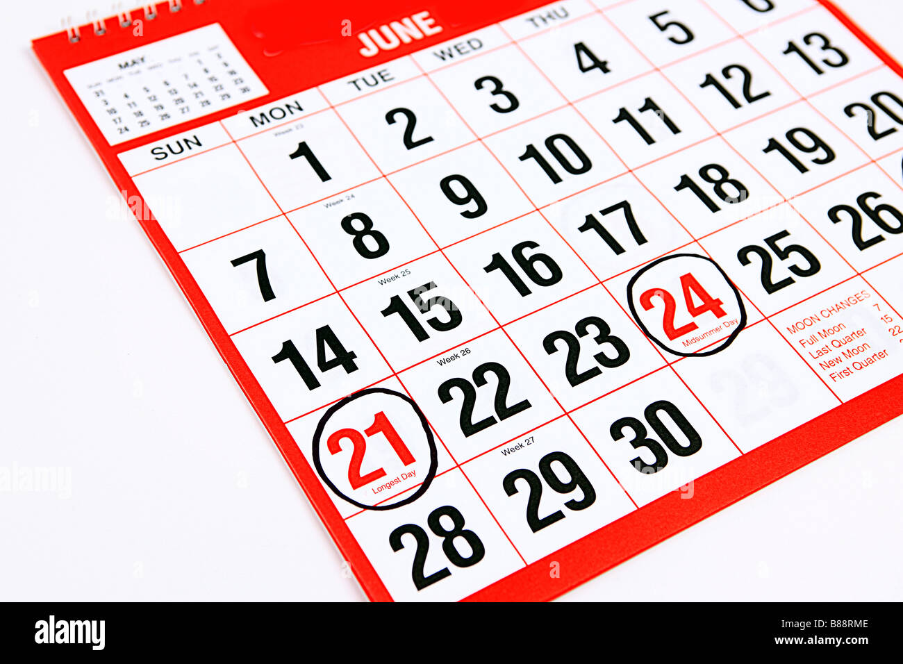 Calendar at the month of June with a black rings around the 21st and 24th The Longest day and Mid Summer day Stock Photo