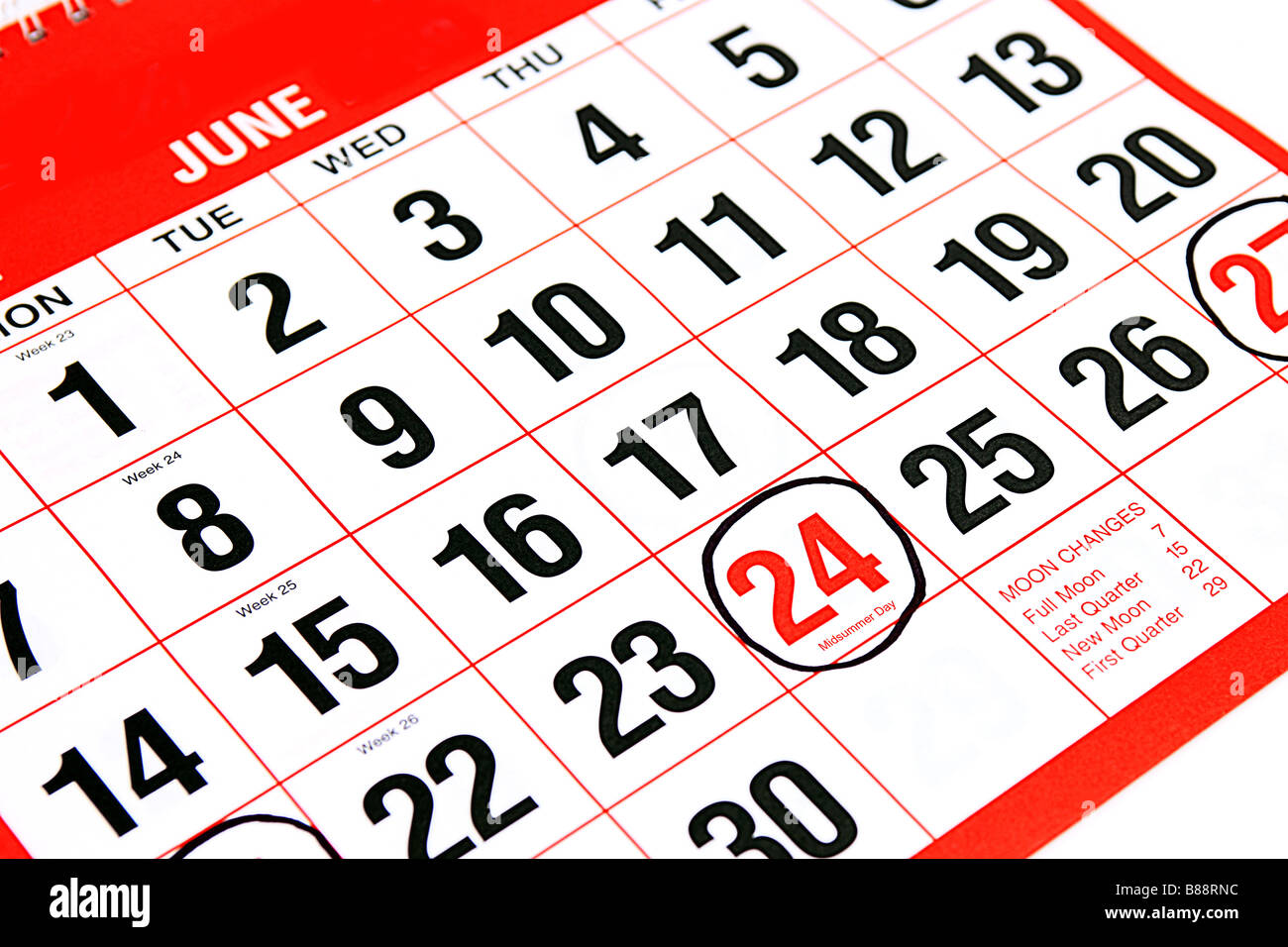 Calendar at the month of June with a black ring around the 24th Mid Summer day Stock Photo