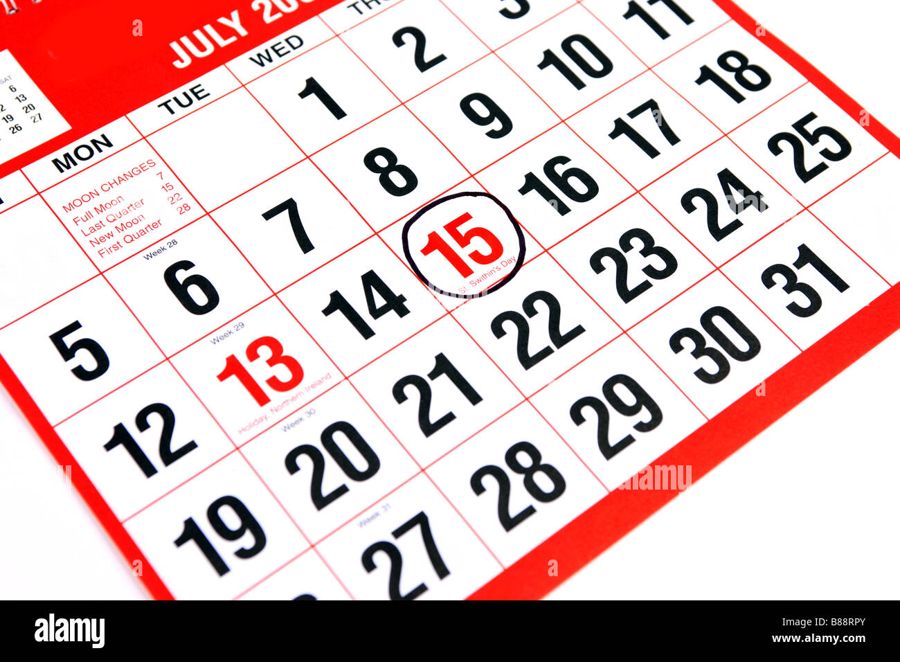 Calendar at the month of July with a black ring around the 15th St Swithin s day Stock Photo