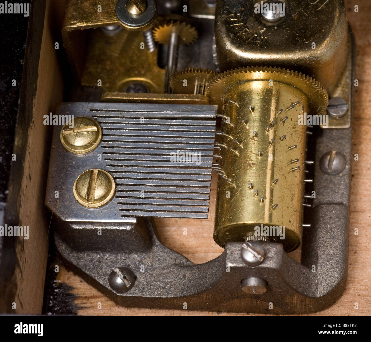 Music box mechanics, teeth, flexible spring-like steel strips Stock Photo