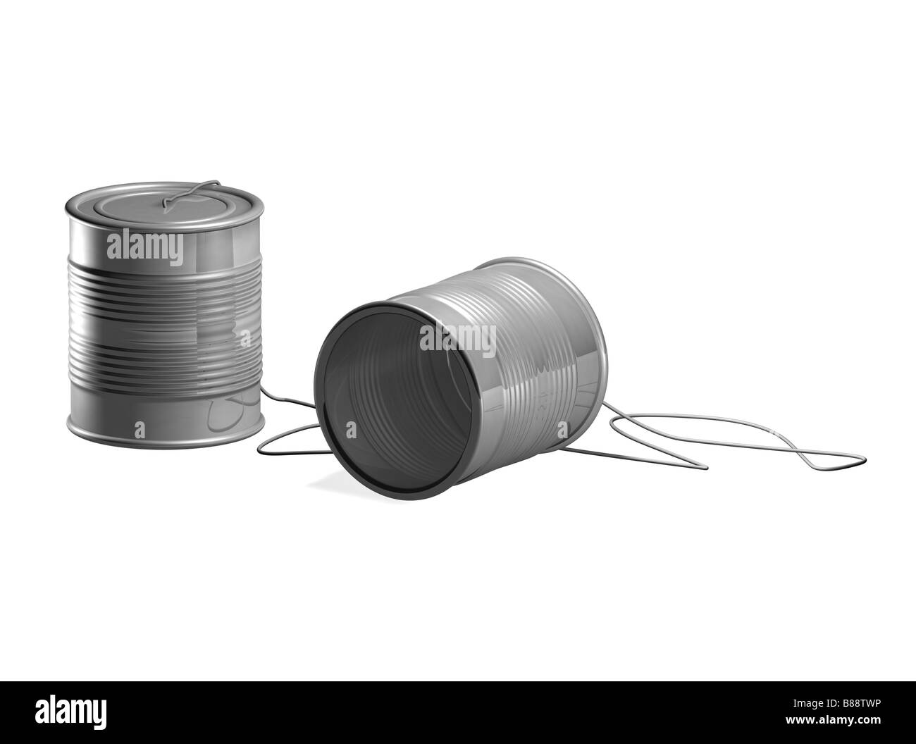 tin can phone toy Two tin cans connected by string so two people can communicate through them Stock Photo