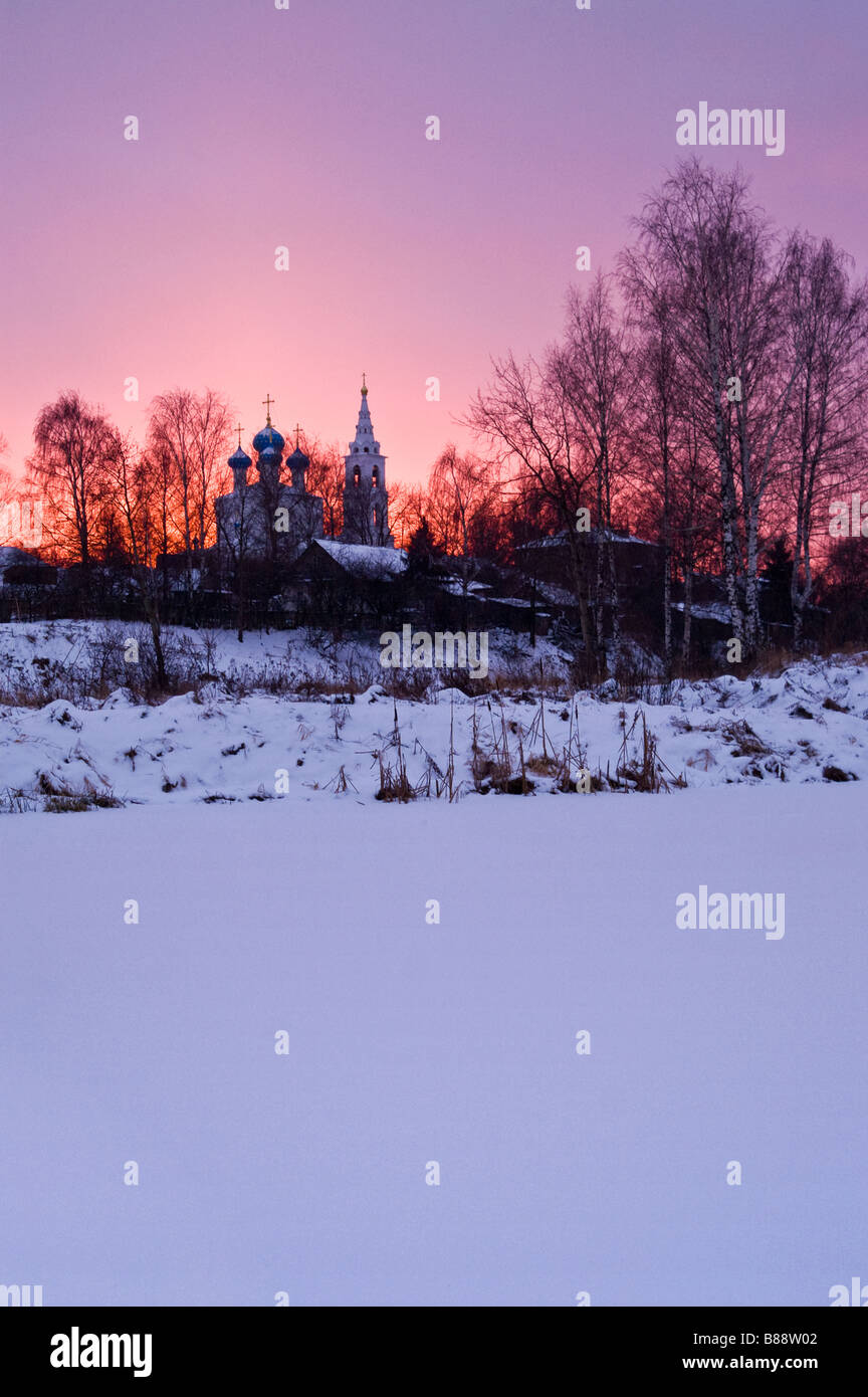 Russian village and an orthodox church at sunset Stock Photo - Alamy