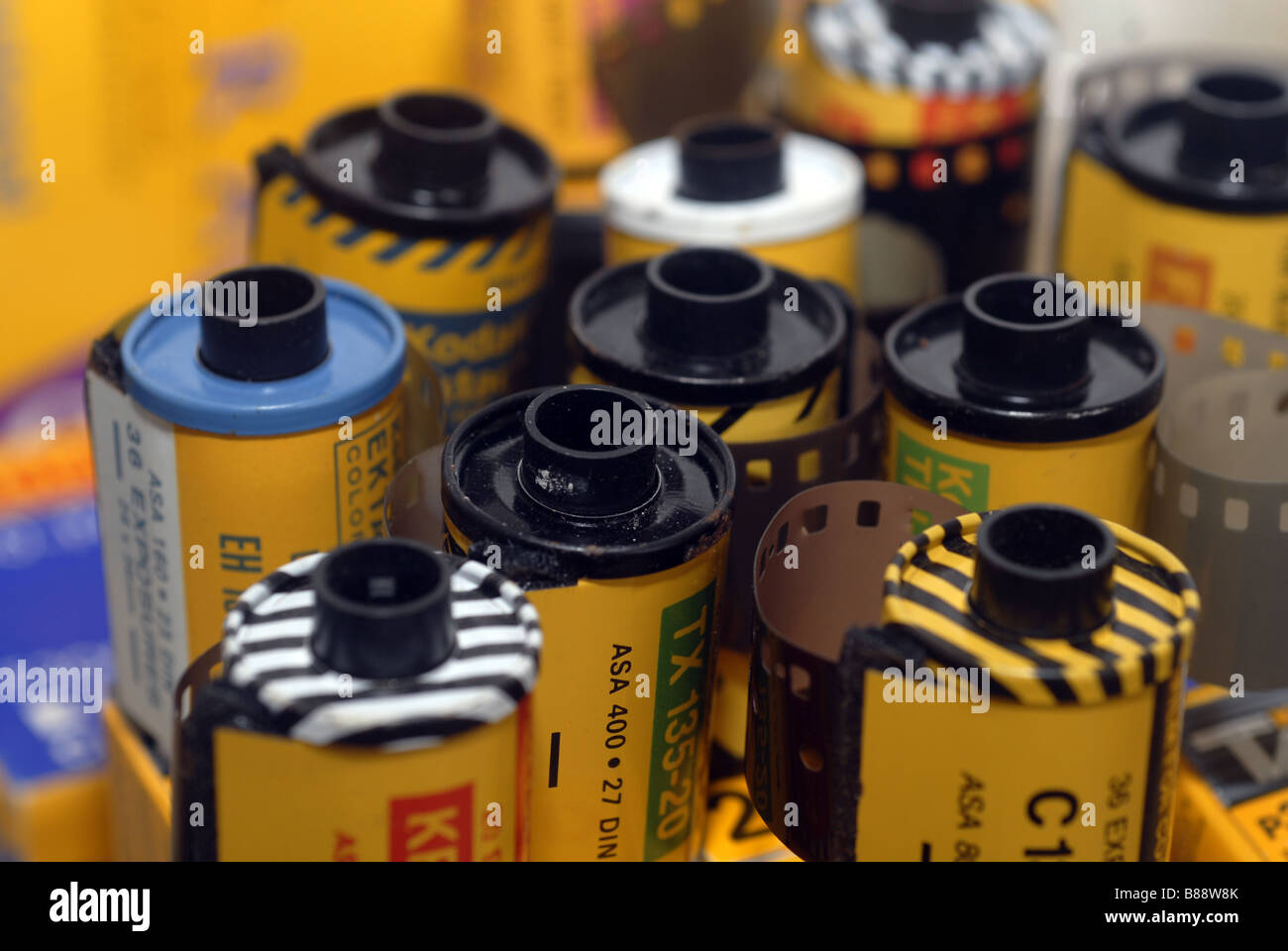 An assortment of vintage and current rolls of Kodak film Stock Photo