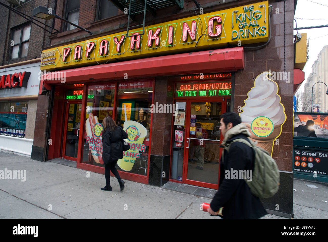 The Papaya King store on Seventh Avenue in Greenwich Village Stock