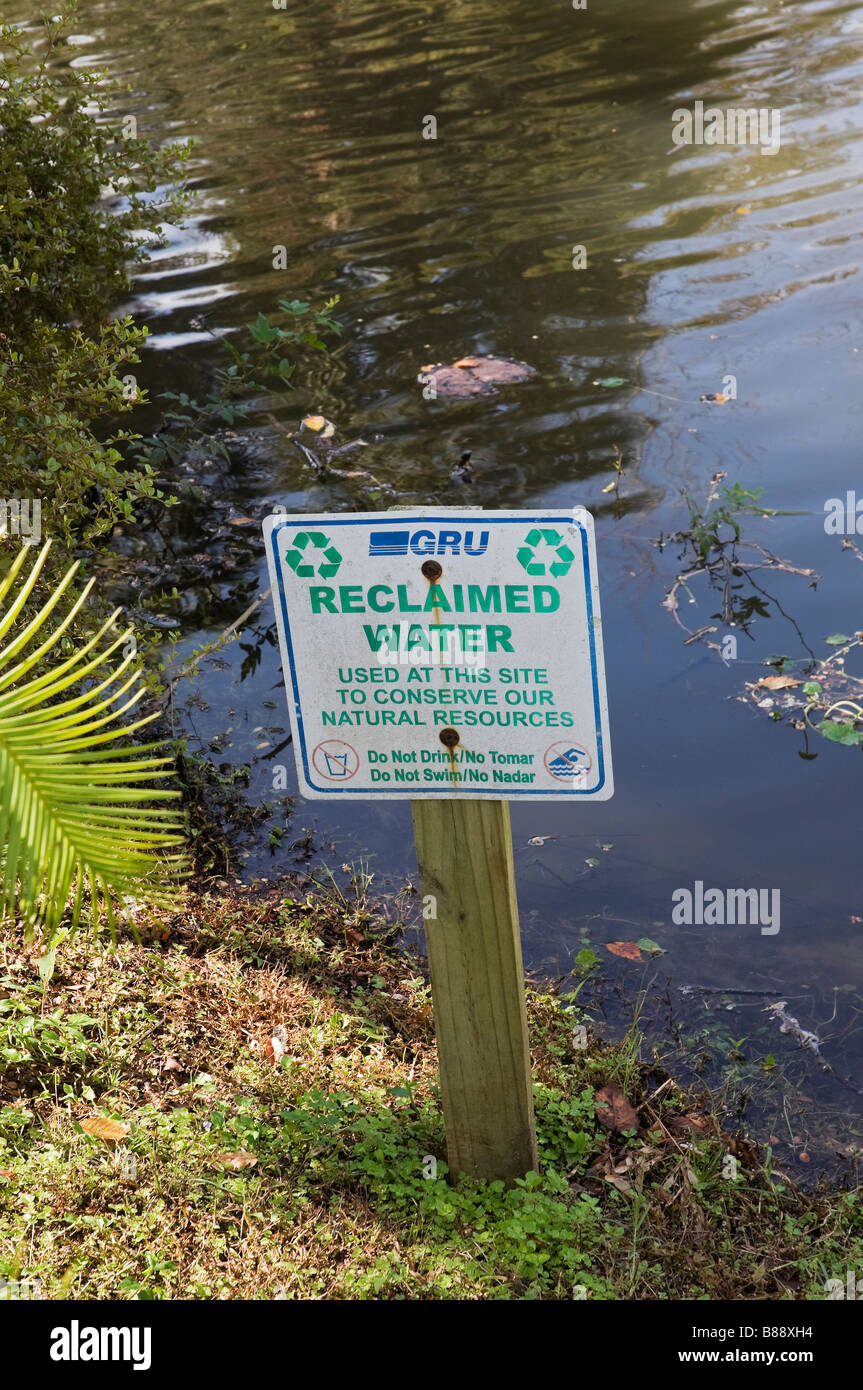 sign about using reclaimed and recycled waste water by Gainesville Regional Utilities at Kanapaha Botanical Gardens Stock Photo