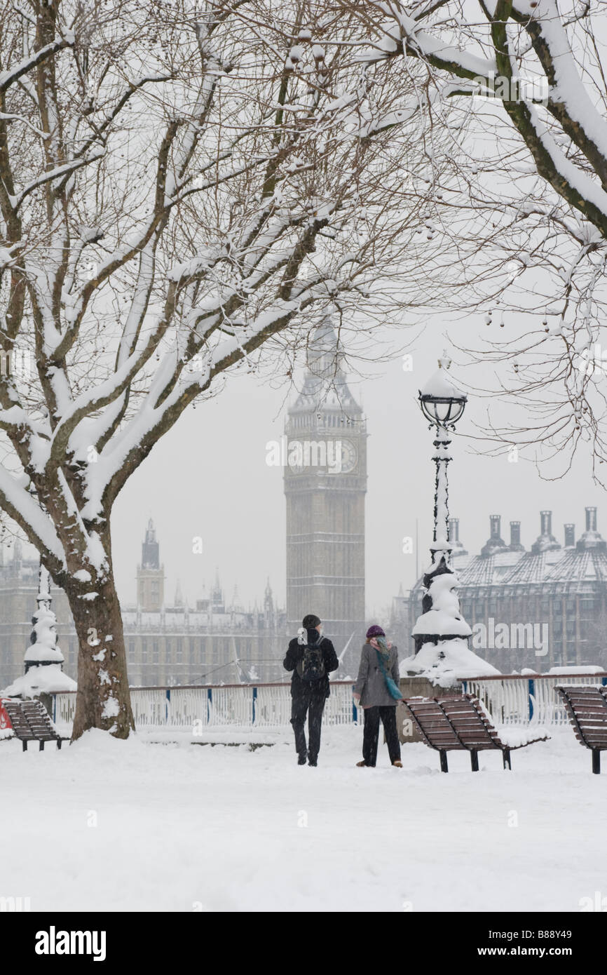 London  Big Ben snow scene Stock Photo
