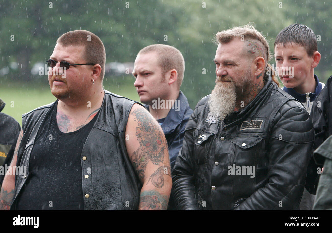 Tattooed rockers with leather jackets & beards. Stock Photo