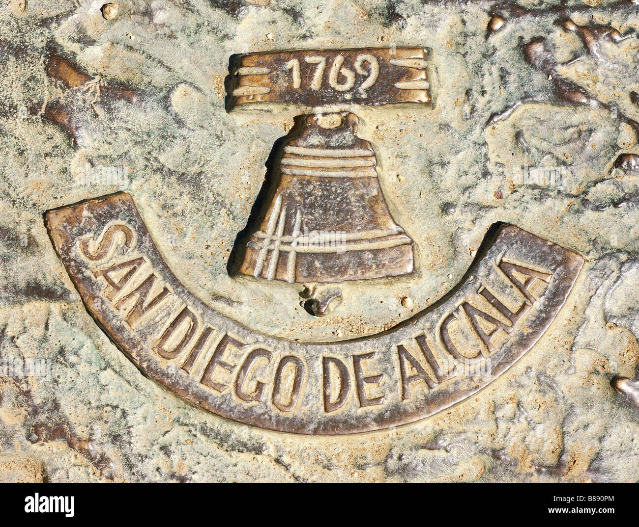 Mission San Diego de Alcala plaque on statue at California State