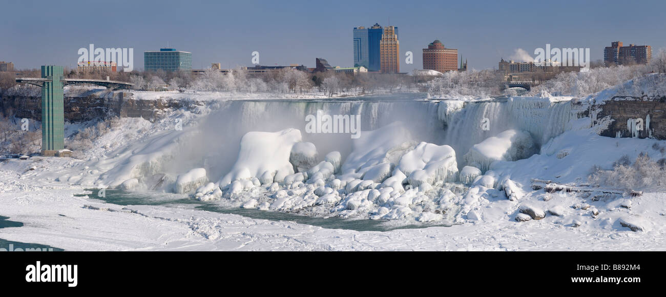 Panorama of American and Bridal Veil Falls with Prospect Point Park observation tower in winter Stock Photo