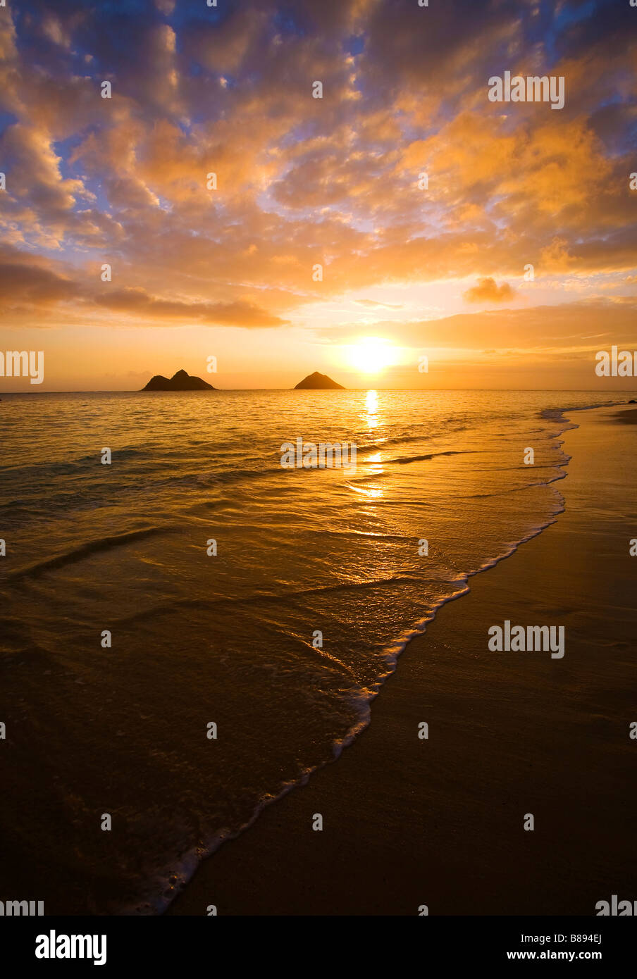 A tropical sunrise at lanikai beach in Hawaii Stock Photo
