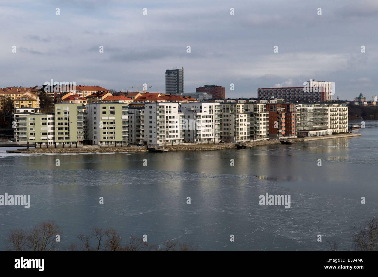 View from Essingeleden to Lilla Essingen. Stockholm. An newbuild housing area where Electrolux factory used to be. Stock Photo