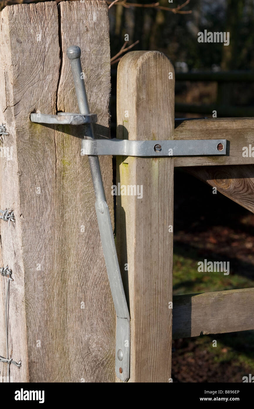 Close up of latch mechanisim on a wooden field gate Stock Photo