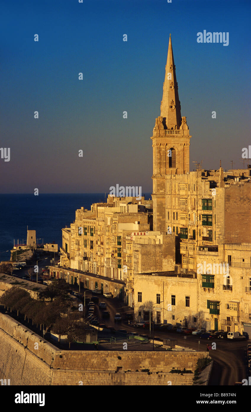 Evening View over Rooftops of Valletta with Saint Paul's Anglican Cathedral, Valletta, Malta Stock Photo