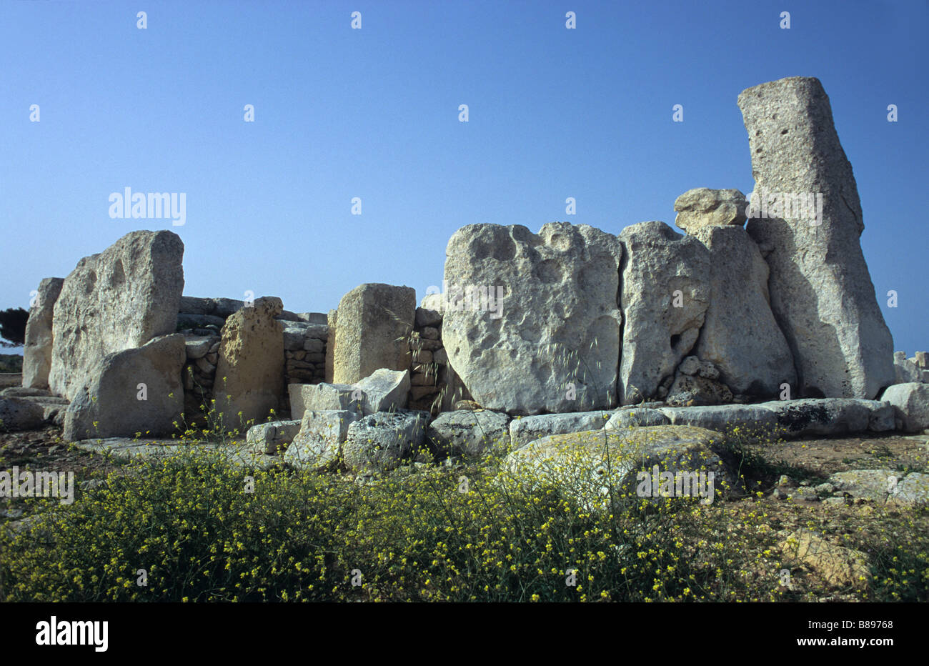 Prehistoric or Megalithic Hagar Qim Temple Standing Stones, Temples for a Fertility Worshipping Religion or Cult, Malta Stock Photo
