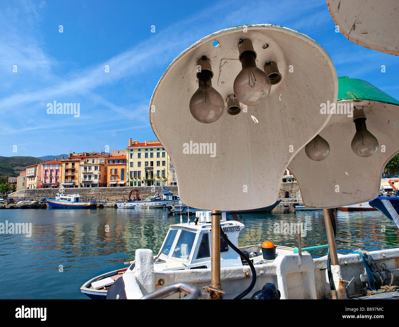 Fishing boat lights called "Lamparo" at Port Vendres, Languedoc Roussillon, France. Stock Photo
