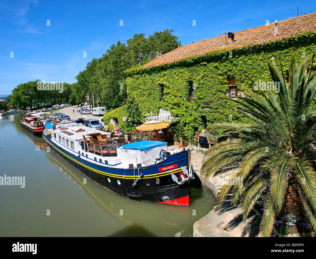Canal du Midi at Somail's harbour. Stock Photo