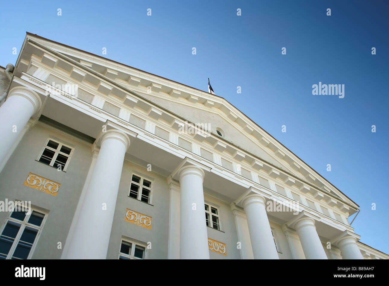 Detail of the Neoclassical façade of University of Tartu (Tartu Ülikool) in Tartu, Estonia's most important university. Stock Photo