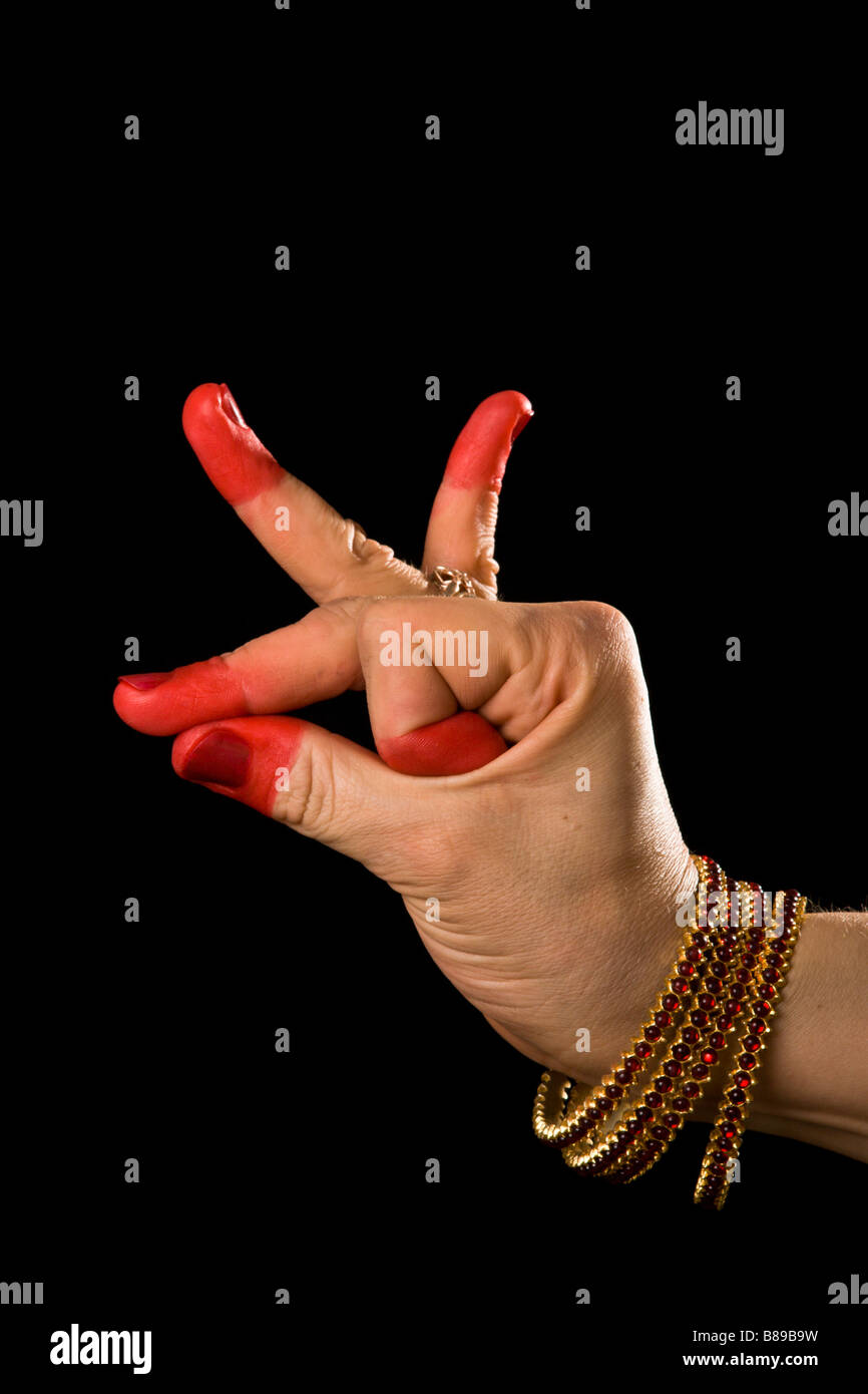 Woman hand showing Bhramara hasta (hand gesture also called mudra) (meaning Bee) of indian classic dance Bharata Natyam Stock Photo