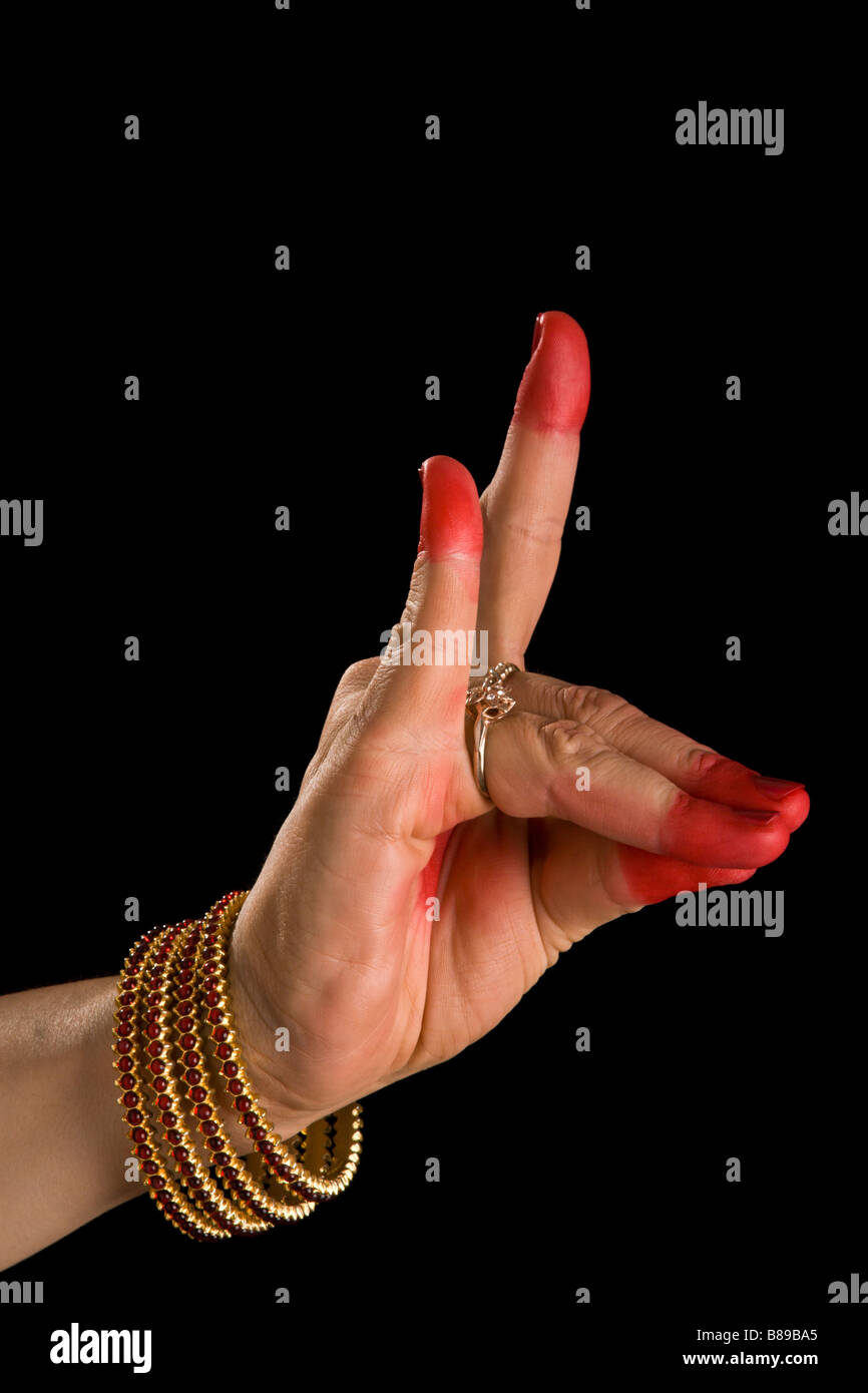 Woman hand showing Simhamukha hasta (hand gesture also called mudra