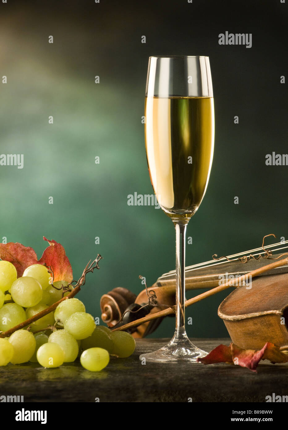 the still life with vine and violin on the green background Stock Photo -  Alamy