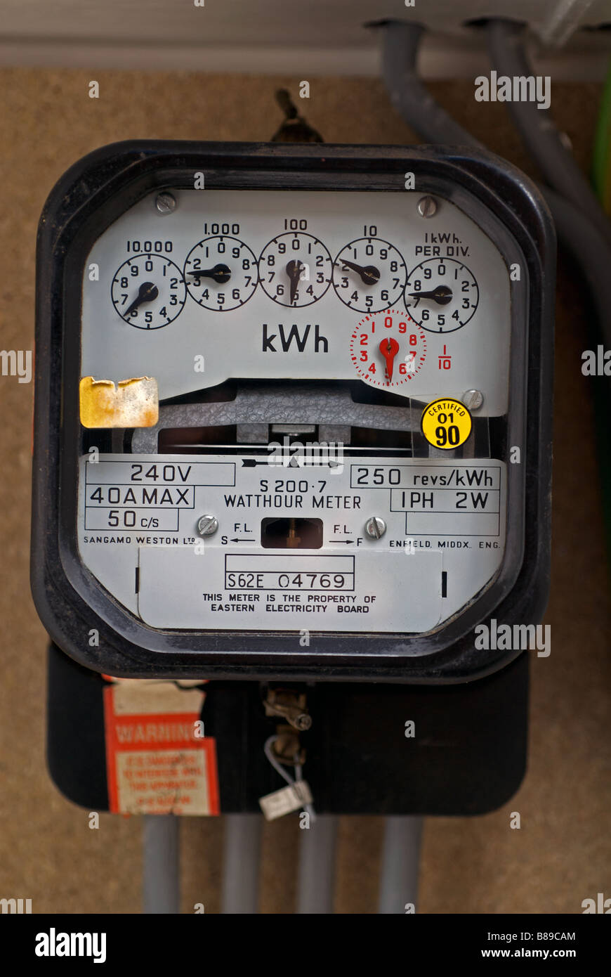 Domestic electricity meter, Bawdsey, Suffolk, UK. Stock Photo