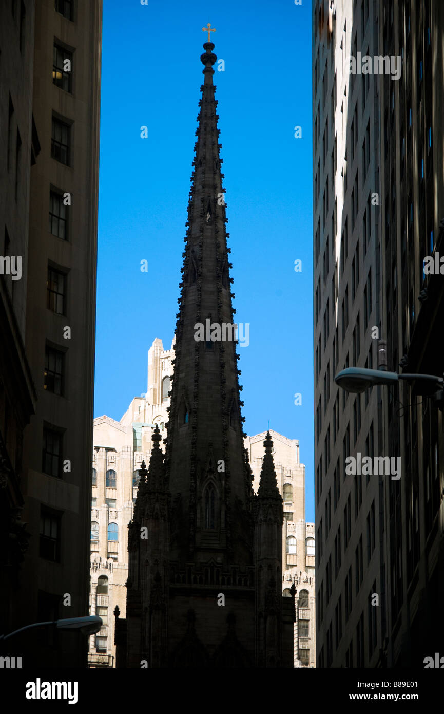 Spire of Trinity Church, Wall Street, New York Stock Photo