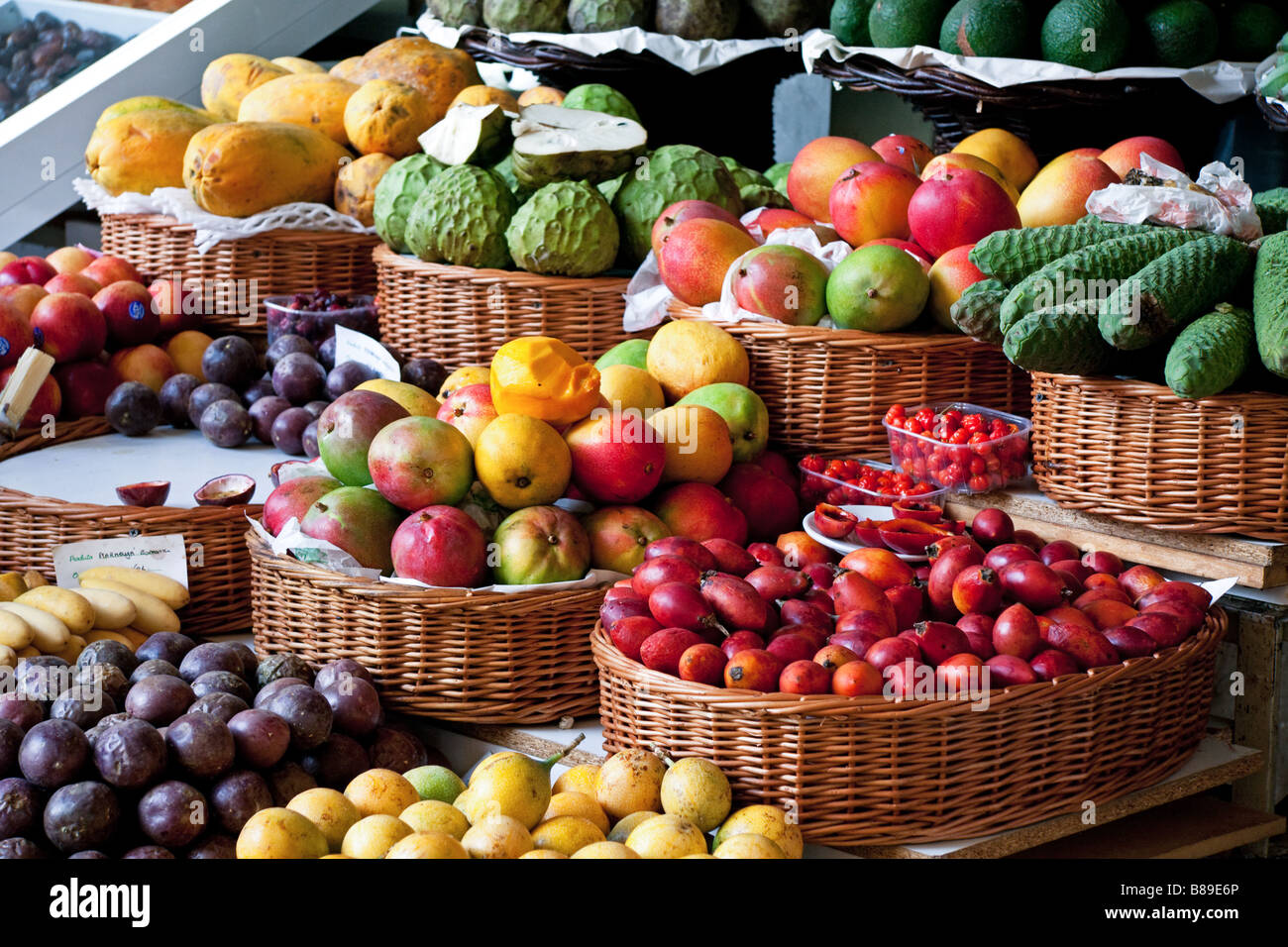 Close-up of a fruit and vegetable stall in Funchal covered market Stock Photo