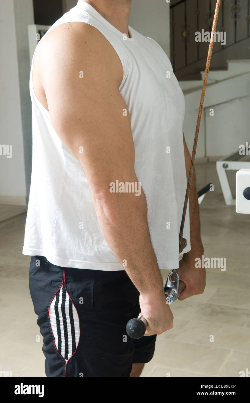 Man exercising his triceps in the gym Stock Photo