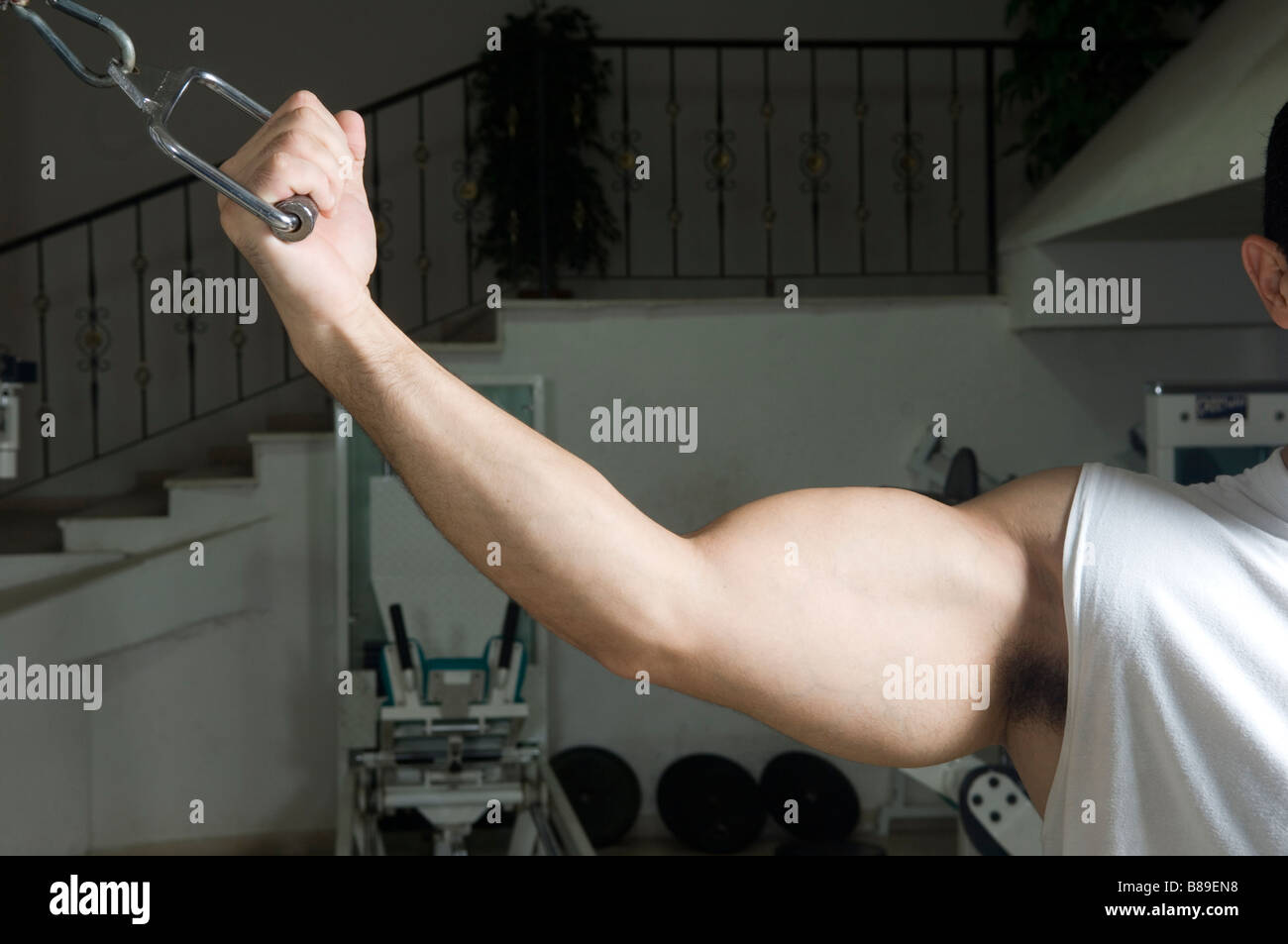 Close up of a man doing cable pulls bicep training in the gym Stock