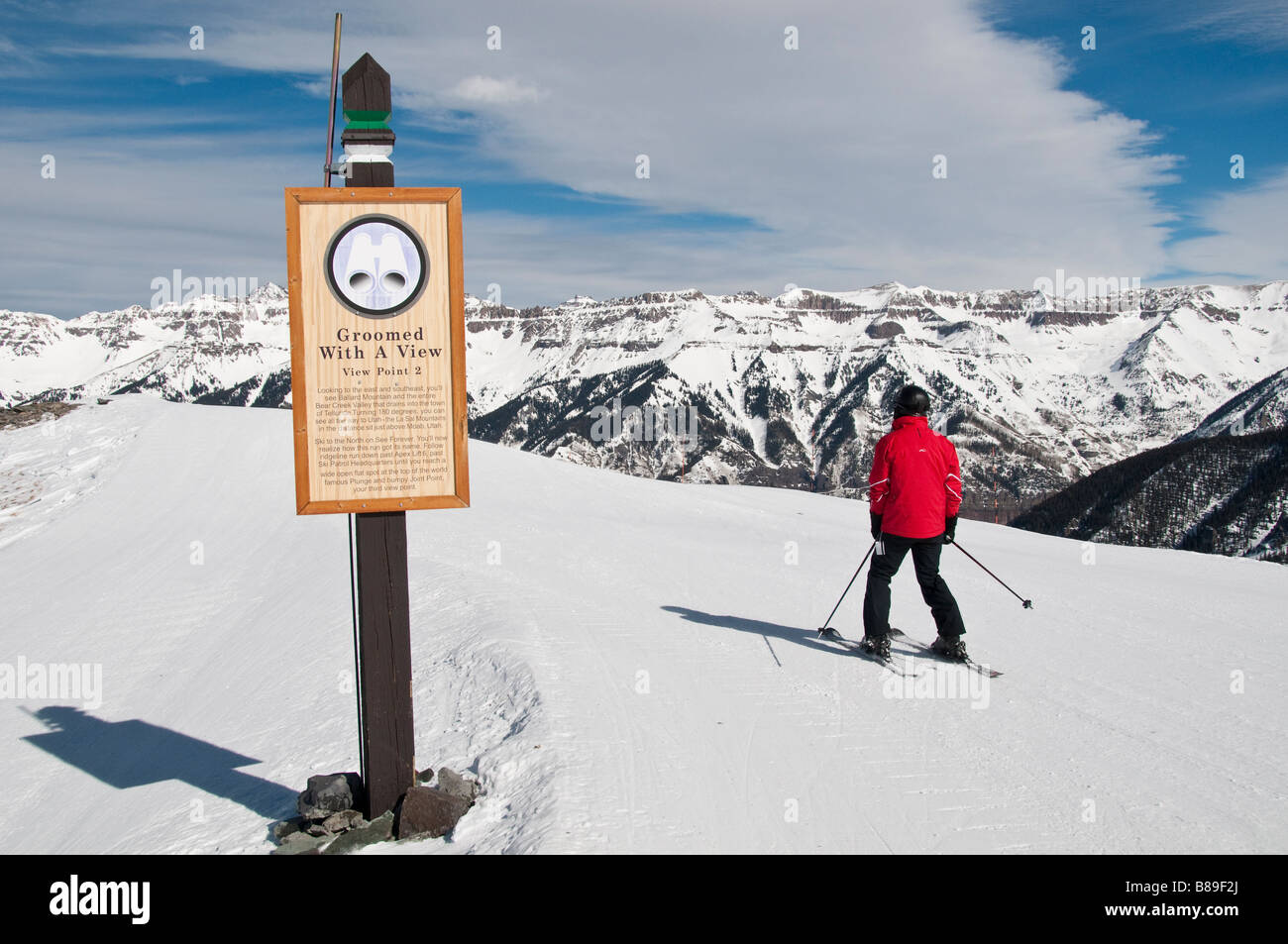 Groomed with a view, View Point 2 sign, Telluride Ski Resort. Telluride, Colorado. Stock Photo