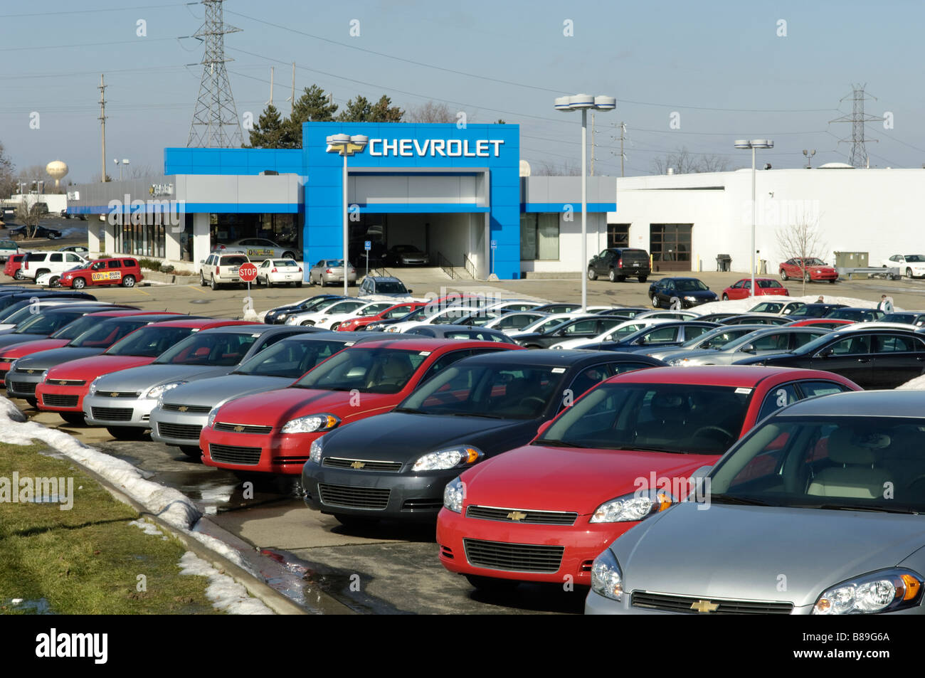 New cars for sale at a Chevrolet dealership in Grand Blanc Michigan USA. Stock Photo