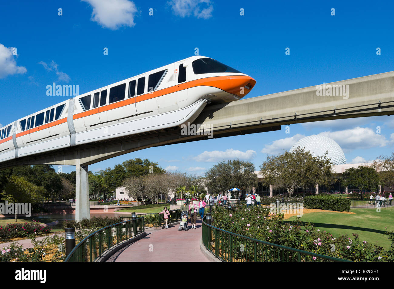 Monorail in front of the geodesic sphere of Spaceship Earth, Epcot Center, Walt Disney World Resort, Orlando, Florida, USA Stock Photo