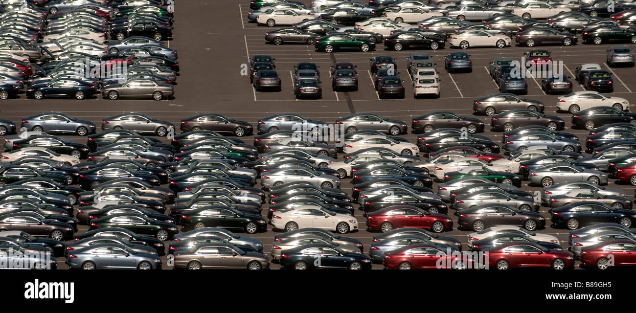 Jaguar cars in storage near to the factory in Castle Bromwich near Birmingham as the credit crunch leads to falling sales. Stock Photo