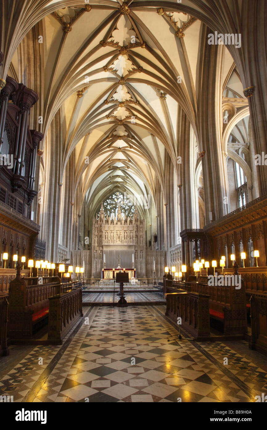 The vaulted ceiling above the nave and choir stalls inside Bristol Cathedral, Bristol, England Stock Photo