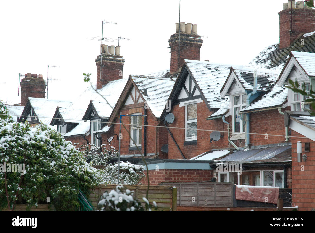 Rooftops of terraced houses in the snow, Tenbury Wells, Worcestershire Stock Photo
