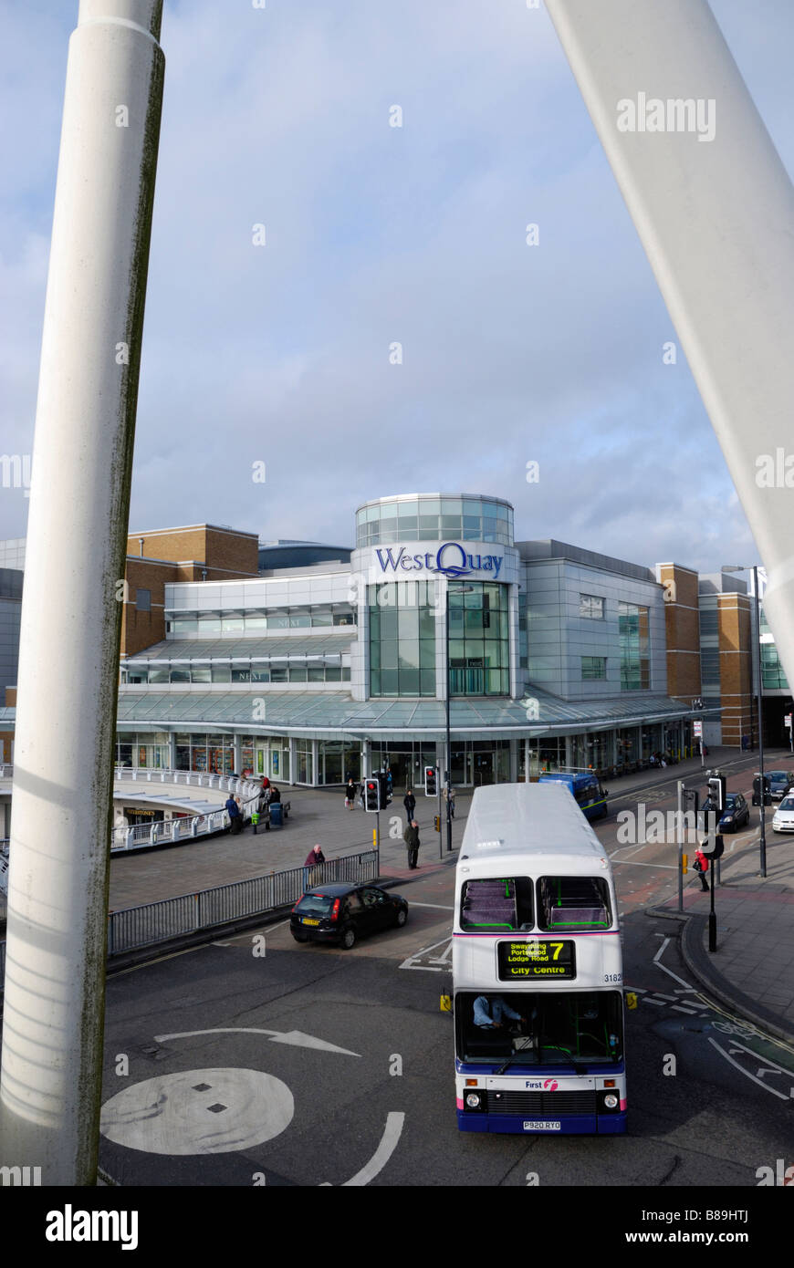 View of Southampton city centre showing a the West Quay Shopping Centre and a local bus Hampshire England Stock Photo