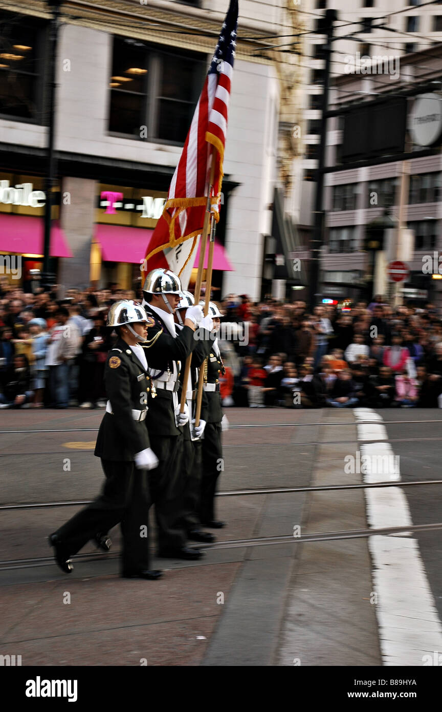 Color guard marching in parade, San Francisco, California Stock Photo