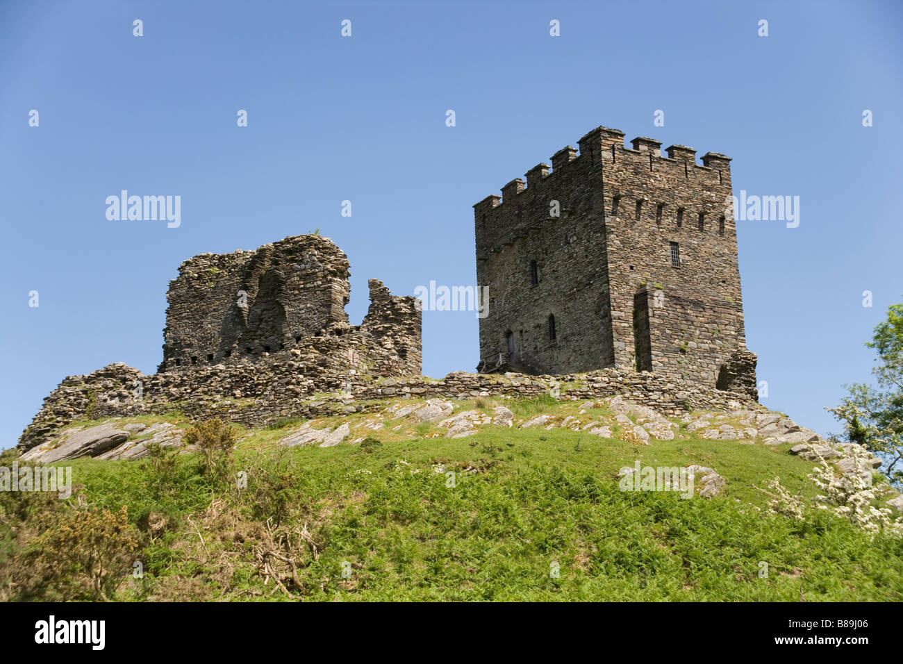 Dolwyddelan castle located on a hill overlooking the A470 road near Dolwyddelan village in Conway County in North Wales. Stock Photo