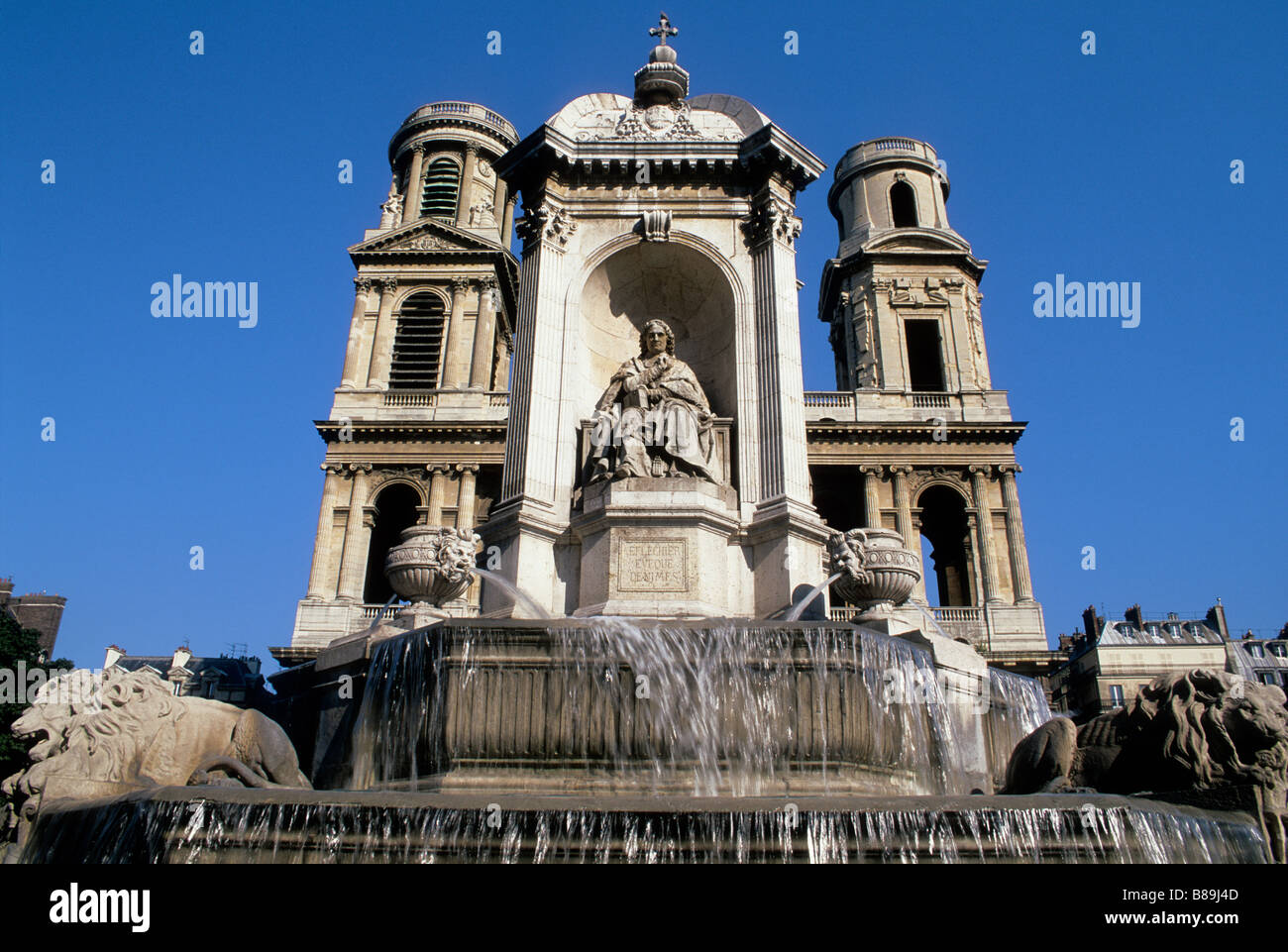 Paris Saint Sulpice Church and Quatre Points Cardinaux Fountain on Place Saint Sulpice Left Bank, Paris France Europe Stock Photo