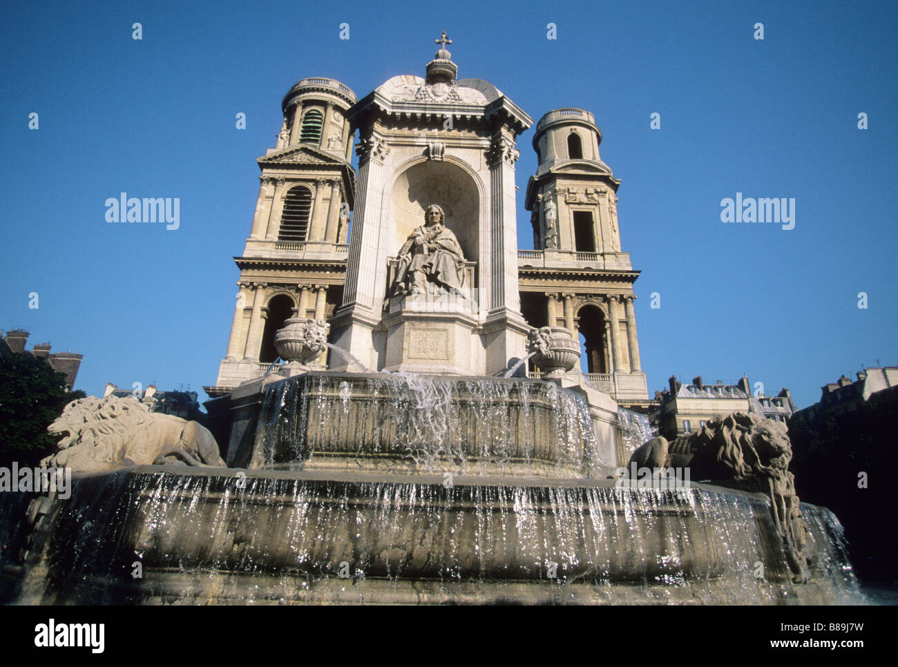 Paris, St Sulpice Church, Saint Sulpice exterior fountain on the Left Bank on Place Saint Sulpice in the winter. France Stock Photo