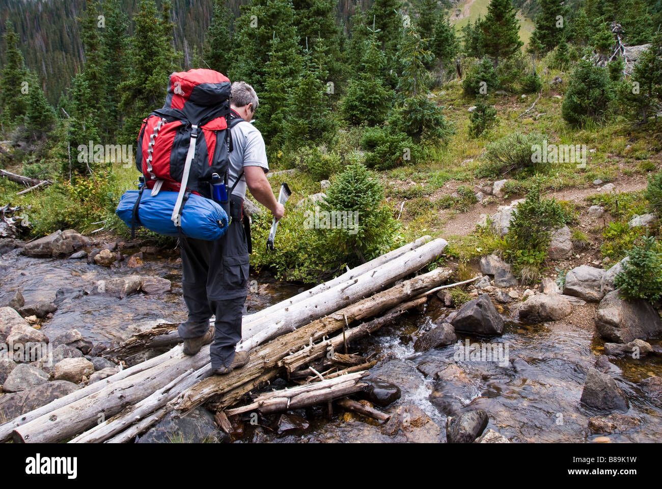 single male backpacker crossing log over stream in never summer ...