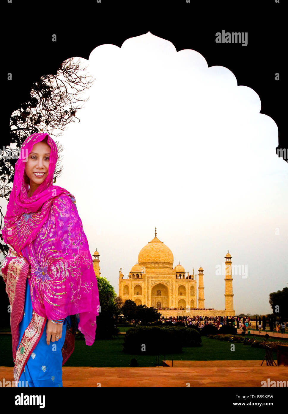 Model in front of the Taj Mahal, Agra, India Stock Photo