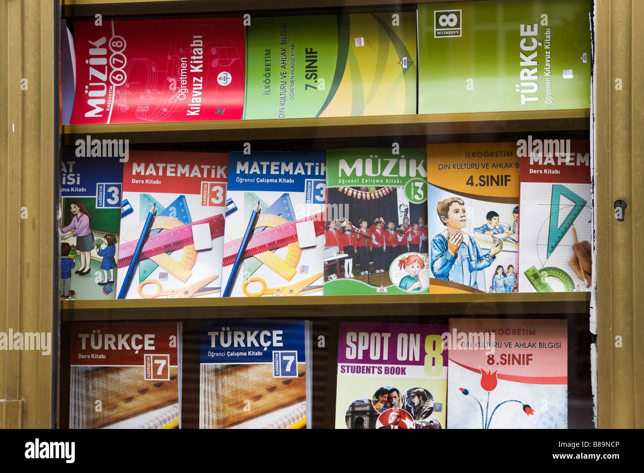 School Text Books in shop window Istanbul Turkey Stock Photo