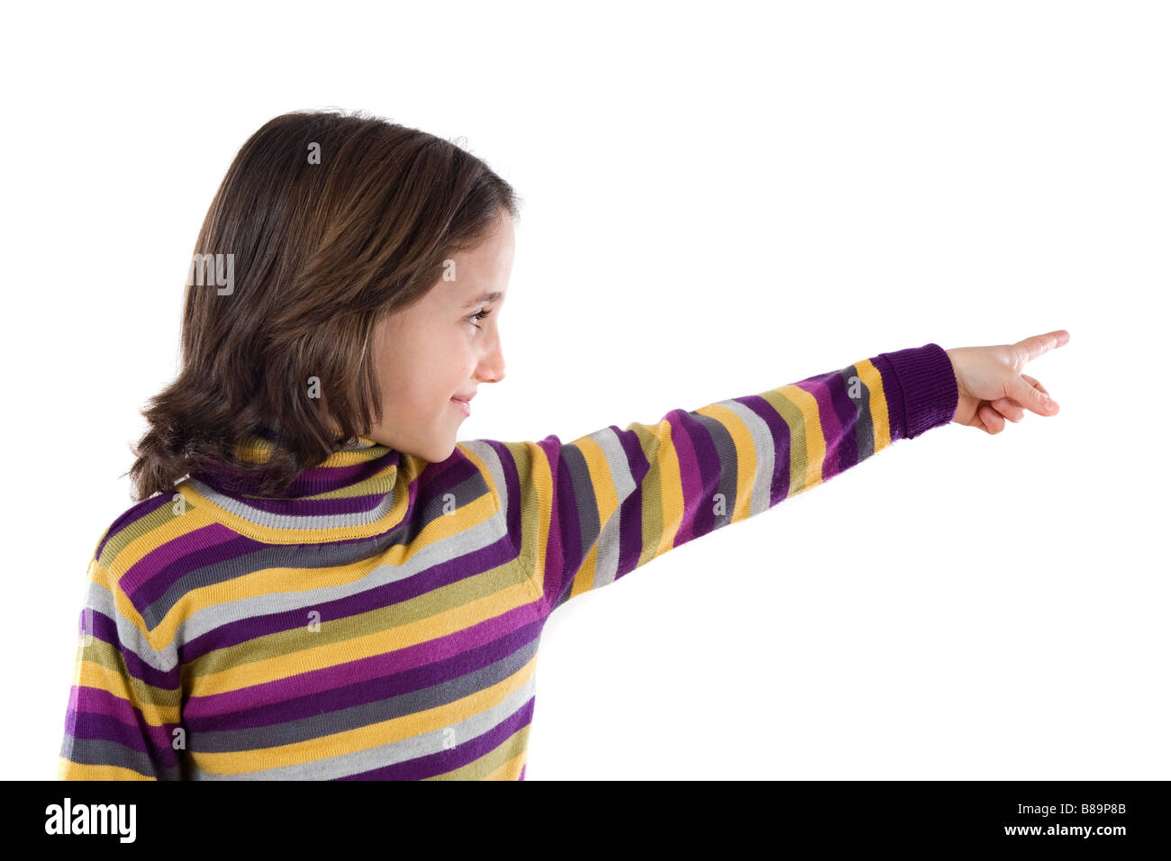 beautiful-girl-pointing-with-her-finger-on-a-white-background-stock