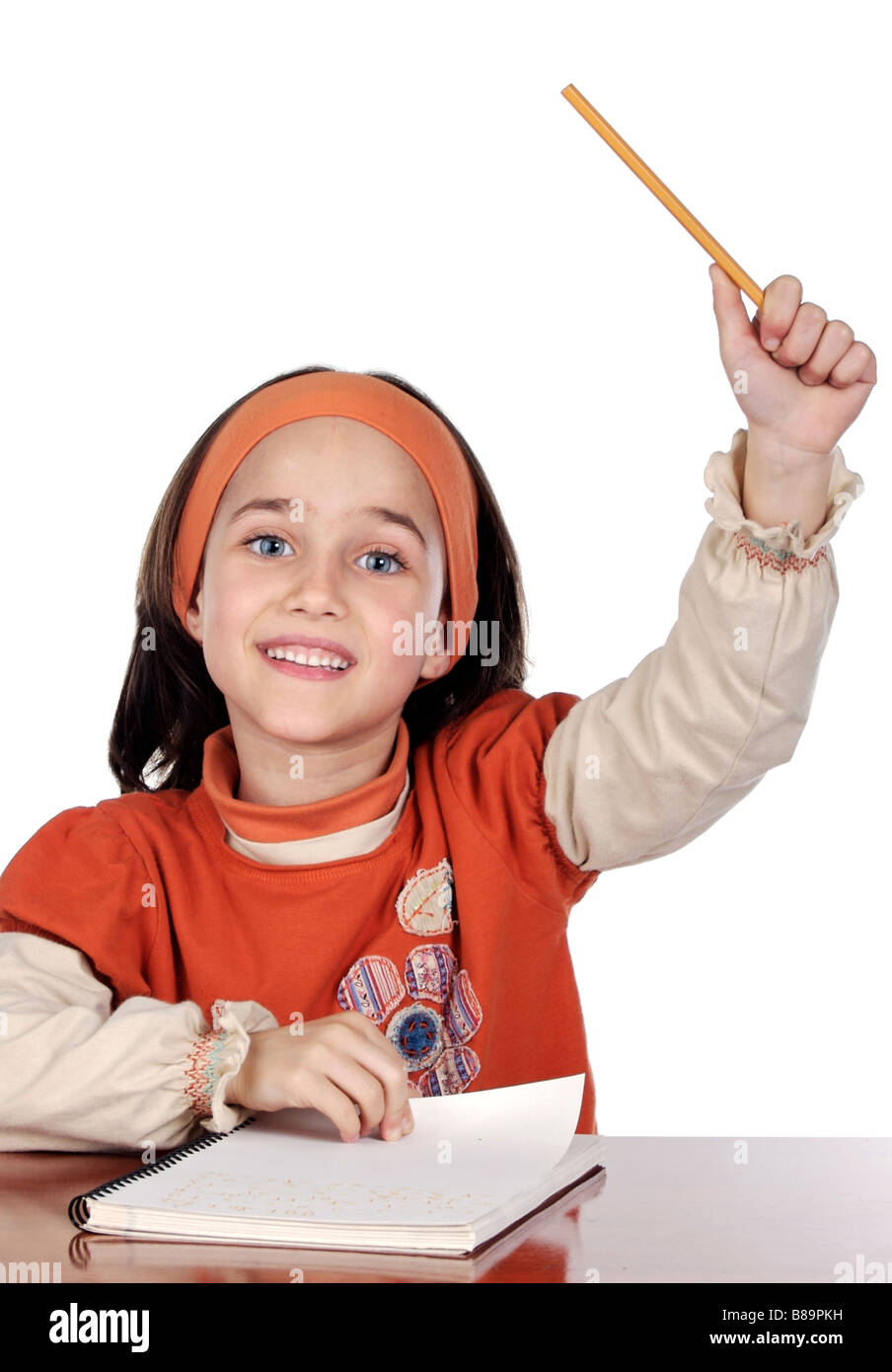 adorable girl studying in the school a over white background Stock ...