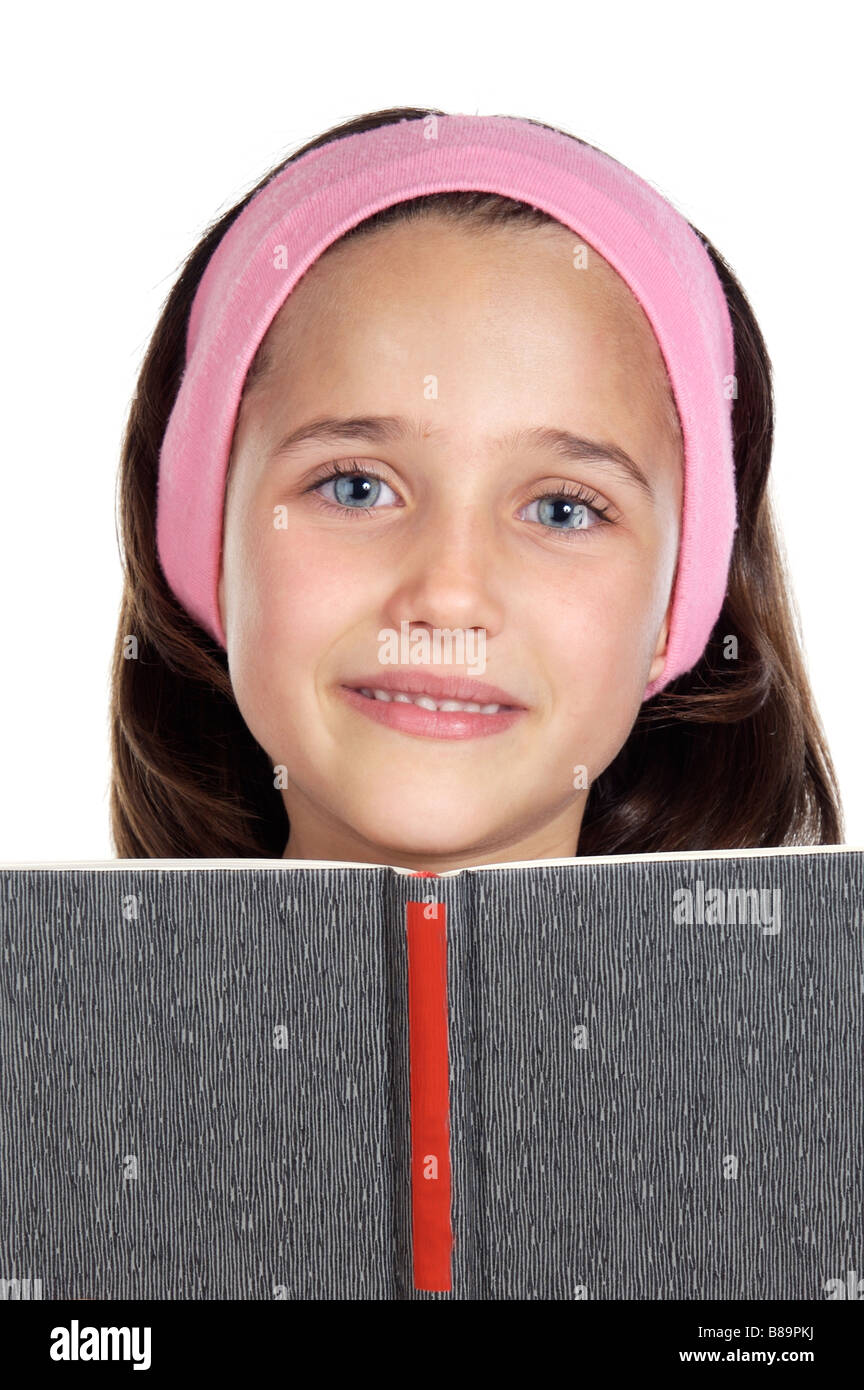 adorable girl reading a book a over white background Stock Photo - Alamy