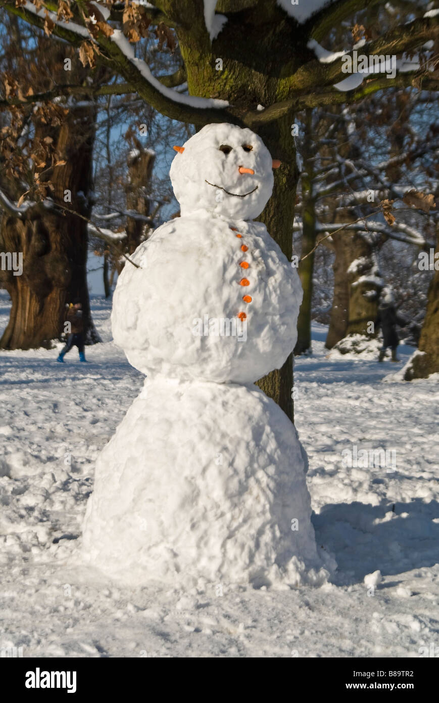 Vertical close up portrait of a traditional snowman with a carrot for his nose built in a park Stock Photo