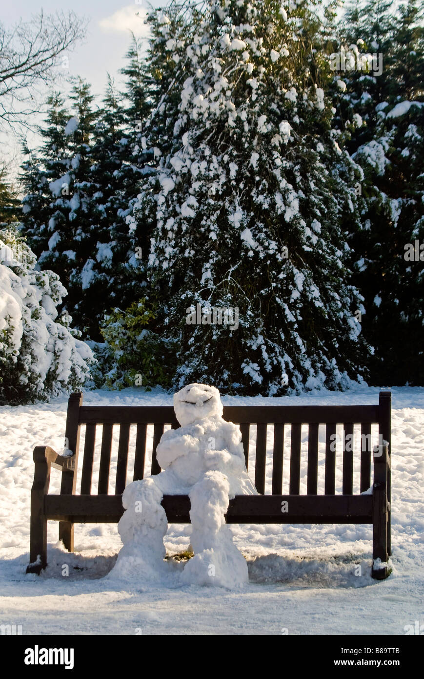 Vertical close up portrait of a traditional snowman sitting on a park