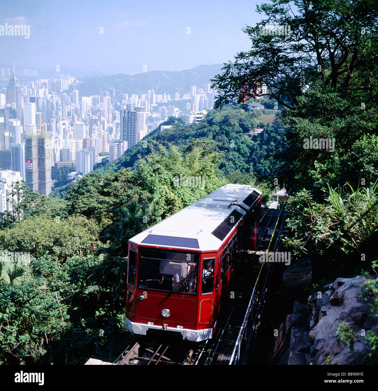 Victoria Peak Hong Kong Peak Tram With Overhead View Of Colony Stock