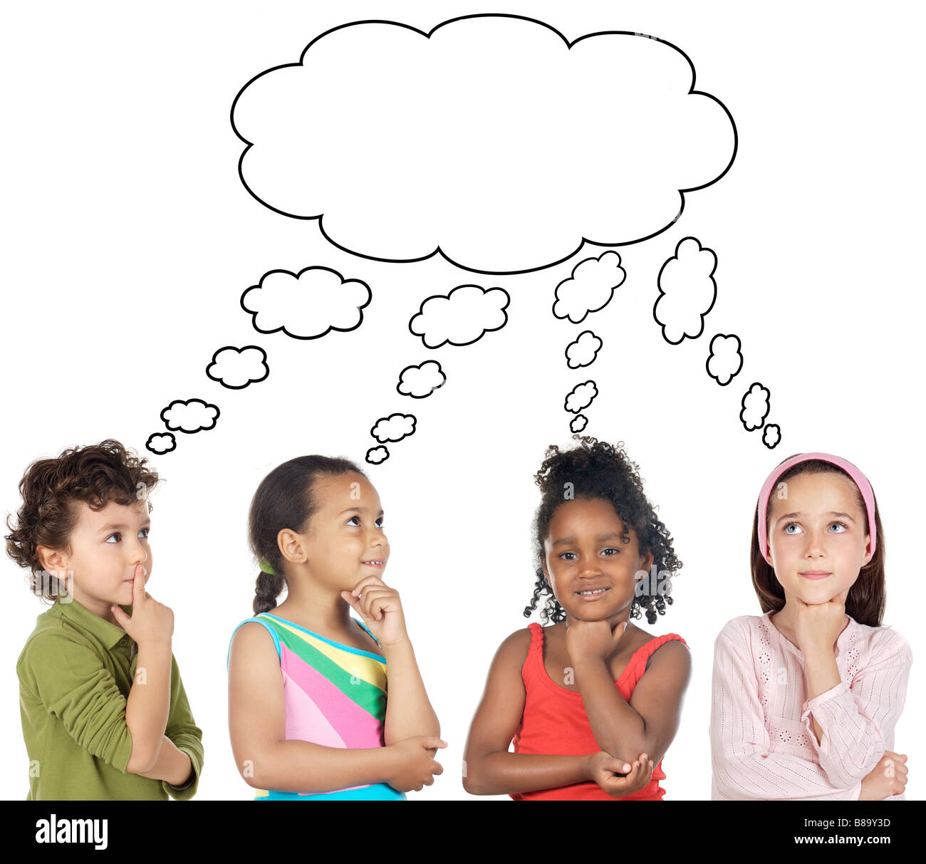 multiethnic group of children thinking a over white background Stock Photo  - Alamy